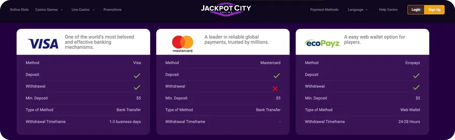 Banking Options on Jackpot City
