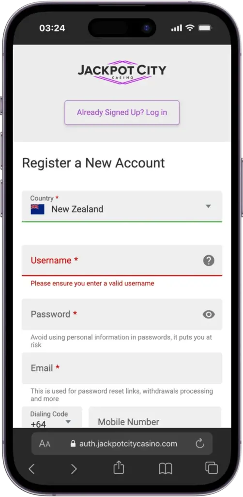 create password for Jackpot City