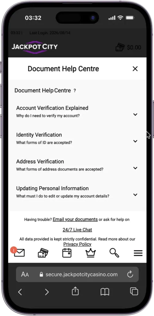 upload documents for Jackpot City